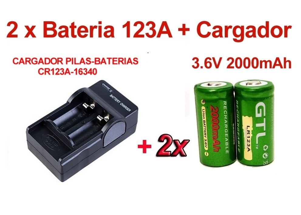 2 x Baterias CR123A 123A 2000 mAh Litio ion + Cargador 2 x Pilas
