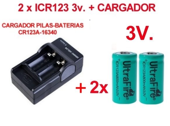 2 x Pila Bateria ICR123A 3V Recargable 800 mAh + Cargador PILA BATERIA  CR123A 3V. RECARGABLE 800 mAh + CARGADOR [2xCR123A3v+Cargador Dig] - €17.15  : Serviluz, iluminación, electricidad y electrónica.